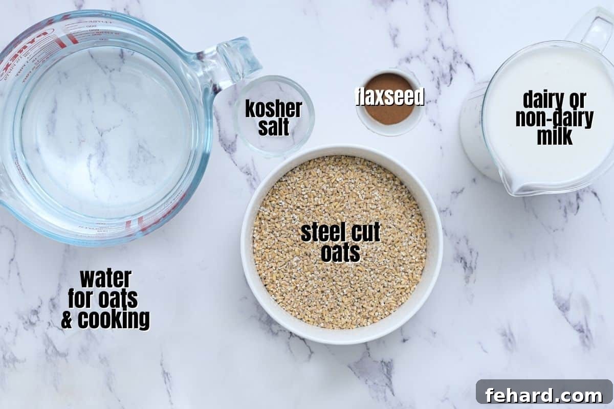A selection of ingredients for steel cut oatmeal, including steel cut oats, milk, water, and flaxseed, neatly arranged on a kitchen counter.