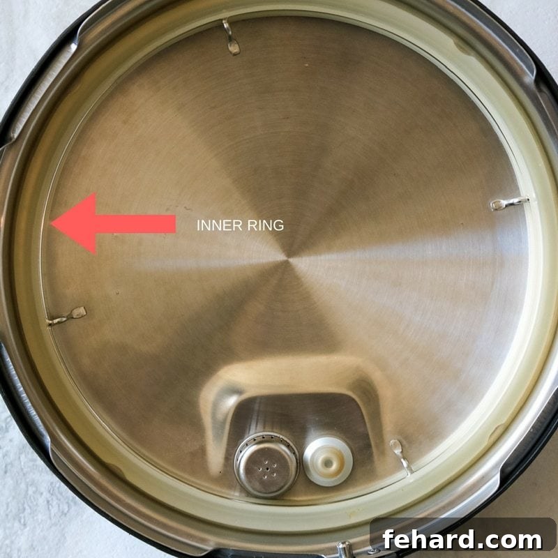 Instant Pot Food Burn Red Arrow pointing to inner ring on Instant Pot, indicating proper placement of the sealing ring.
