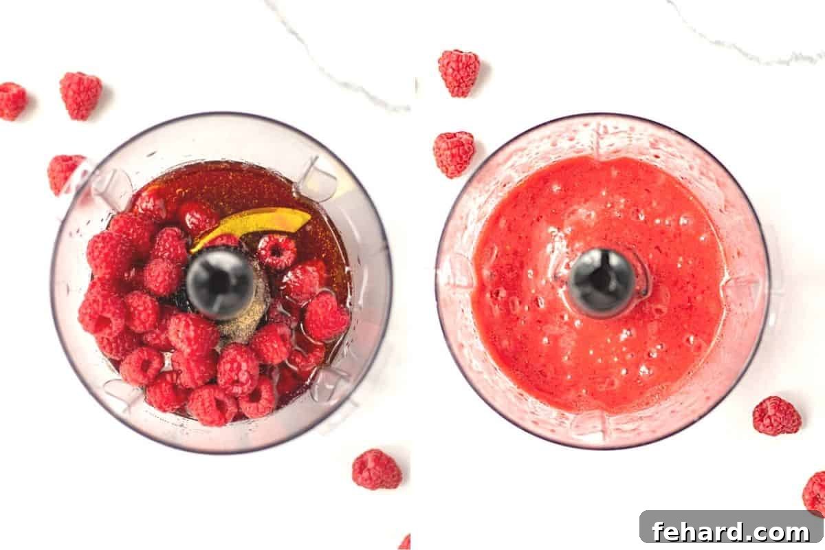 Side-by-side photo of food processor before and after blending raspberry vinaigrette.