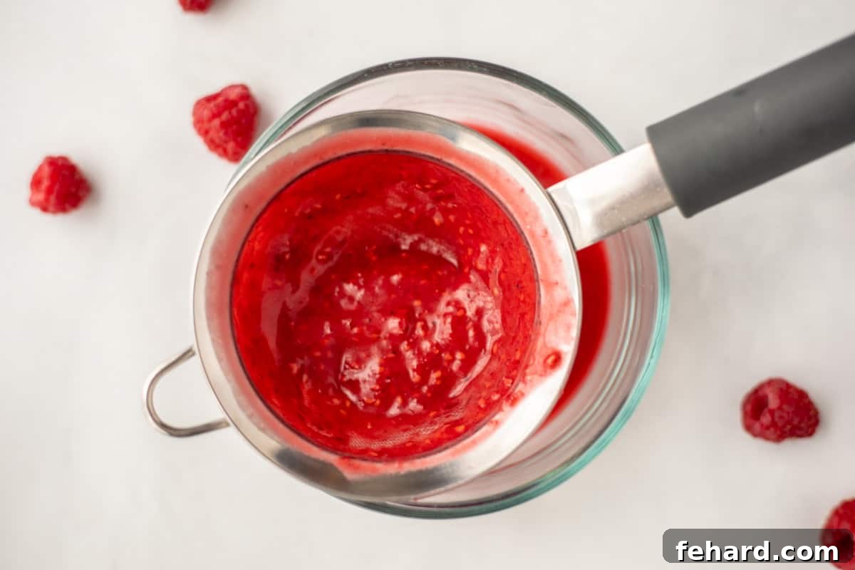 Raspberry dressing being strained over a fine-mesh strainer into a bowl.