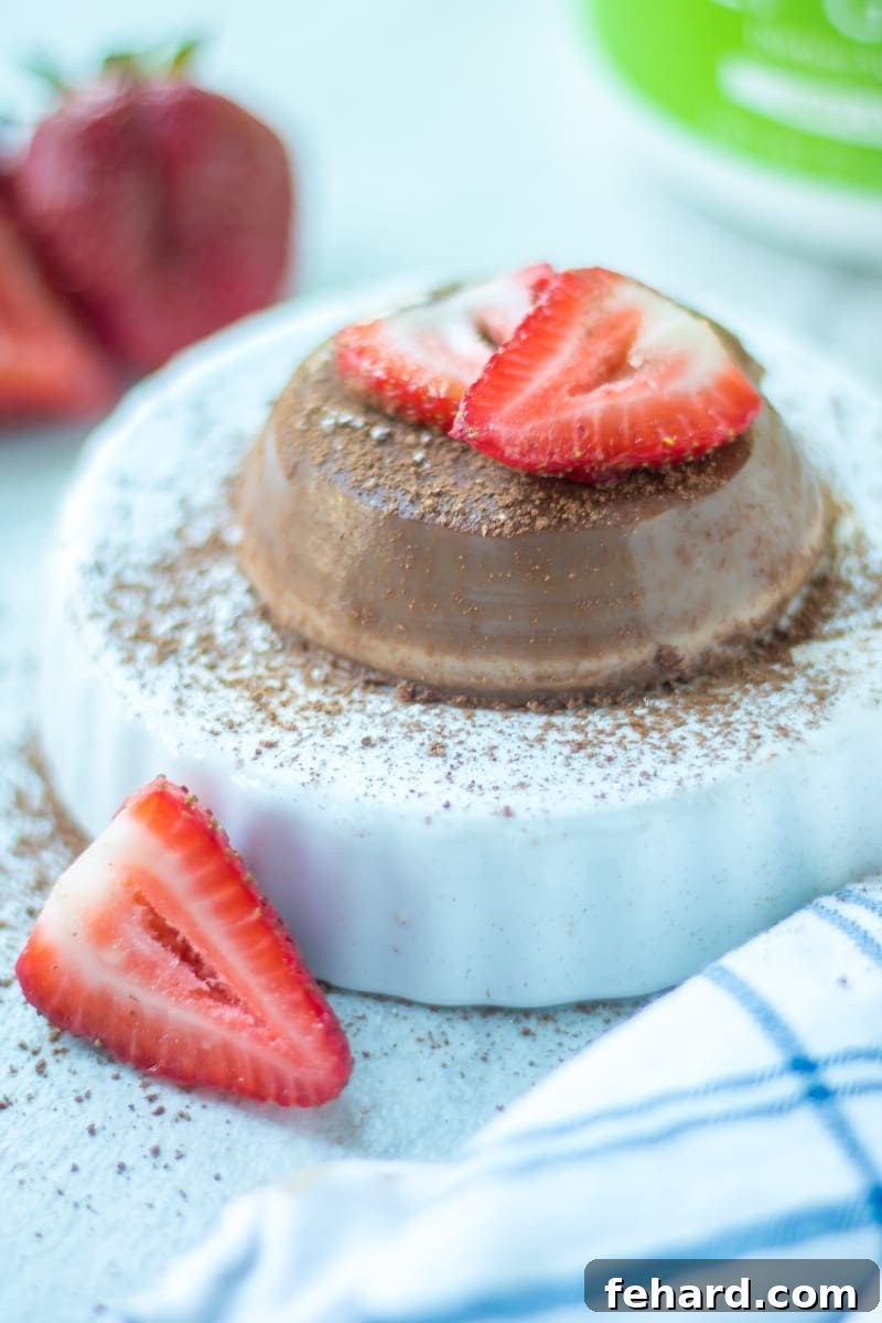 Dark Chocolate Panna Cotta Rich Dark Chocolate Panna Cotta elegantly served on a white plate, garnished with fresh strawberries
