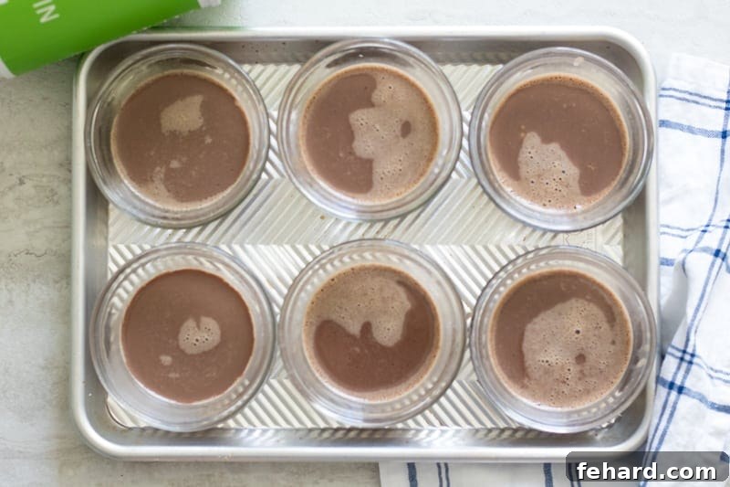 Coconut Chocolate Panna Cotta Ramekins filled with a rich chocolate panna cotta mixture, ready for chilling