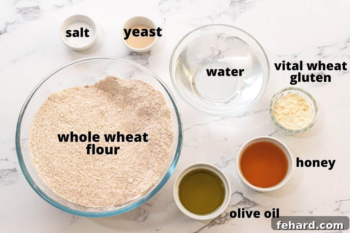 All the ingredients for making whole wheat bread, neatly labeled and arranged on a kitchen counter, ready for baking.