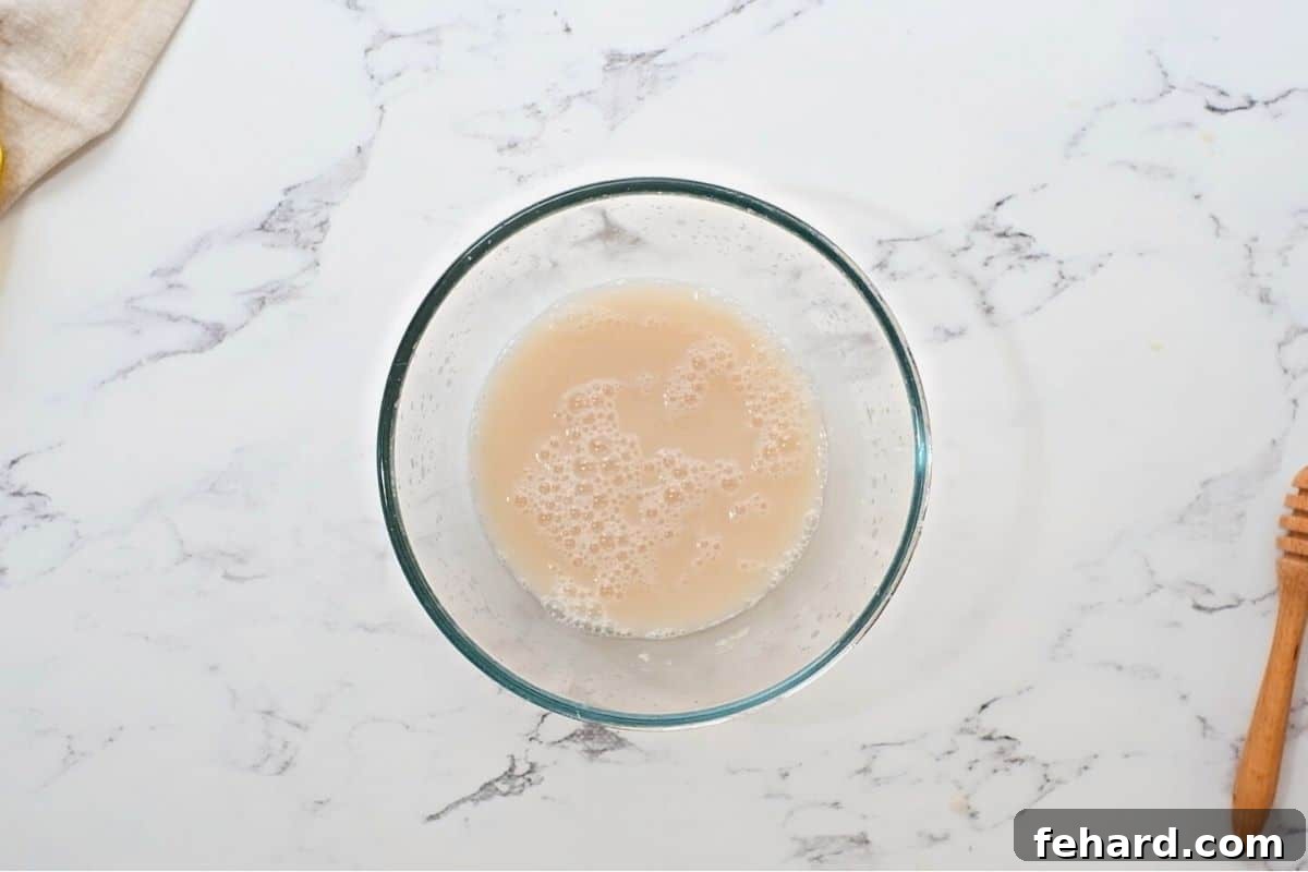 A bowl filled with foamy, bubbly yeast water, indicating the yeast is perfectly bloomed and ready for bread making.