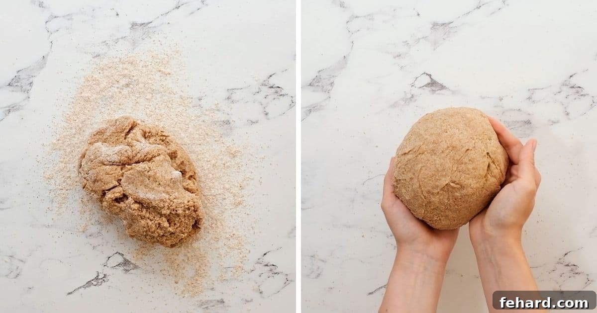 A side-by-side picture showing bread dough being expertly kneaded by hand on a floured counter surface, demonstrating the technique.