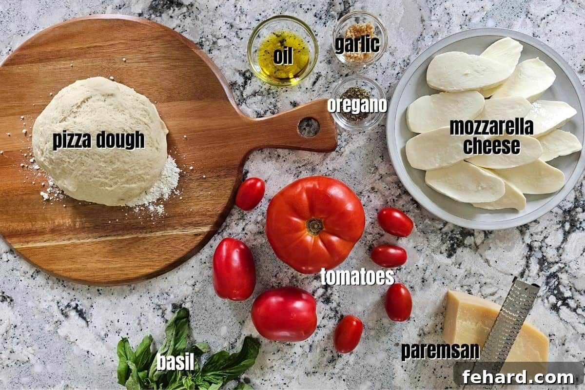 A vibrant display of fresh ingredients for homemade tomato pizza, including pizza dough, olive oil, garlic, oregano, fresh mozzarella, Parmesan cheese, and various types of tomatoes.