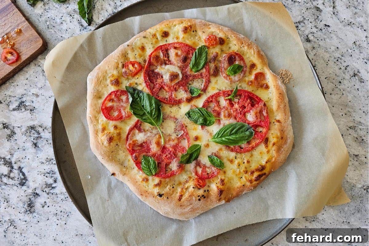 A freshly baked tomato pizza, generously topped with grated Parmesan cheese and vibrant fresh basil leaves, resting on parchment paper on a pizza pan.