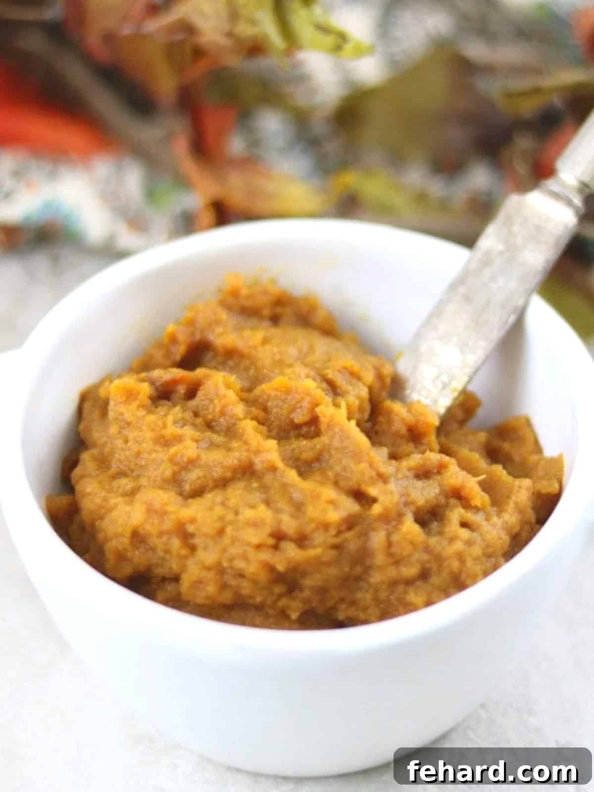 Delicious Homemade Pumpkin Butter, perfect for fall spreads A charming bowl of homemade thickened pumpkin butter, showcasing its rich, autumnal hue, with a small butter knife resting beside it, inviting a taste.
