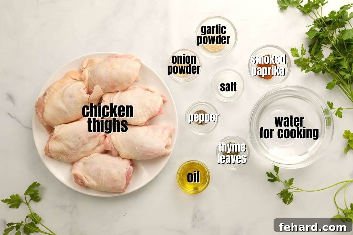 A visual guide to all the ingredients required for Instant Pot Chicken Thighs, neatly arranged on a kitchen counter, showcasing fresh chicken thighs and a blend of aromatic spices.