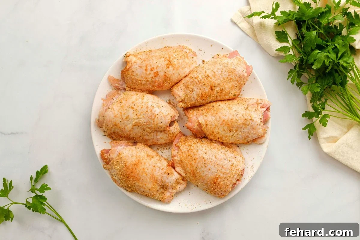 Chicken thighs generously seasoned with a vibrant homemade spice blend, perfectly arranged on a plate next to fresh parsley sprigs, ready for the next cooking stage.