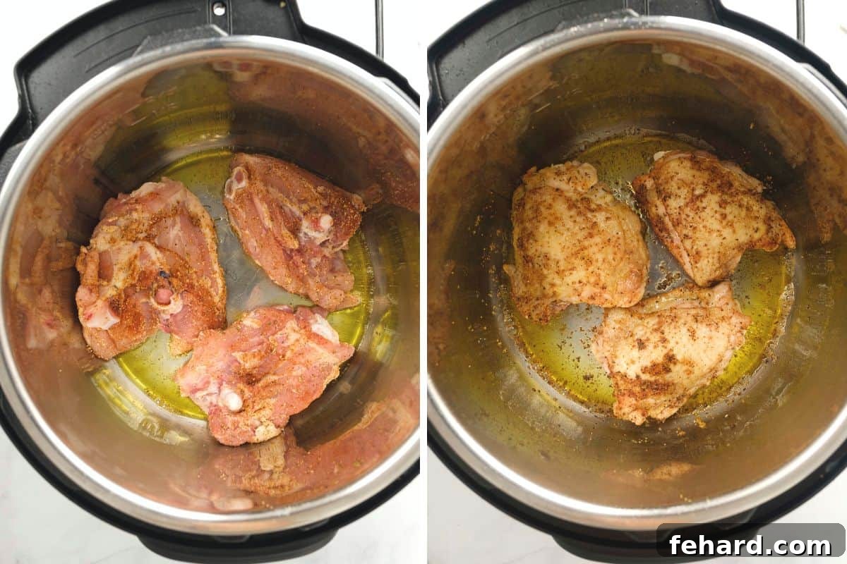 Two side-by-side photographs illustrating the process: the Instant Pot's inner pot before searing, and then after, with chicken thighs beautifully browned and caramelized inside.