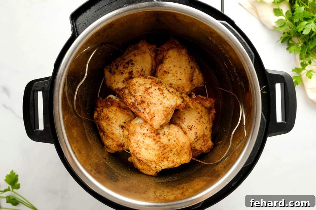 Beautifully seared chicken thighs carefully arranged inside the Instant Pot on a trivet, ready for the pressure cooking phase.