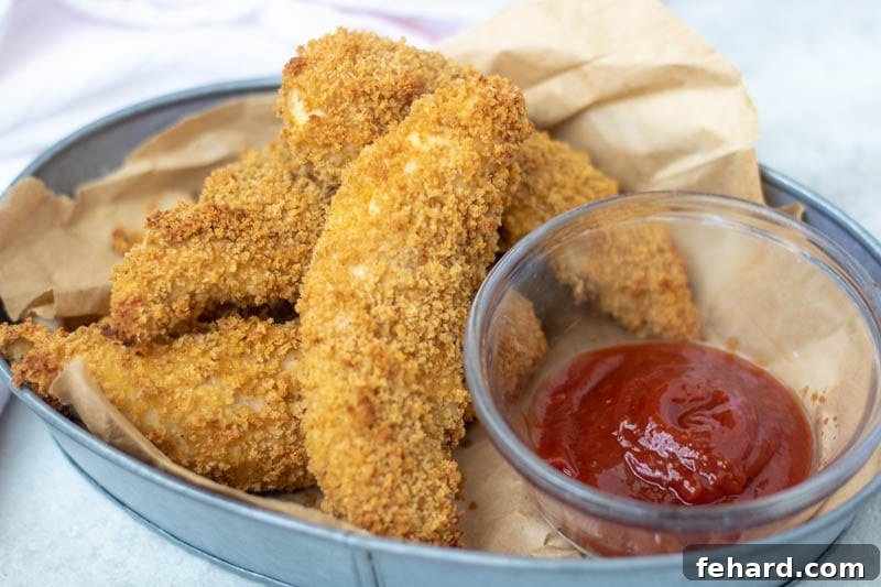 Soggy Breaded Chicken Instant Pot Fails Crispy homemade chicken strips served in a wire basket with a side of ketchup.