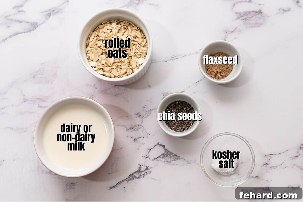 Ingredients for overnight oat recipe labeled on counter.