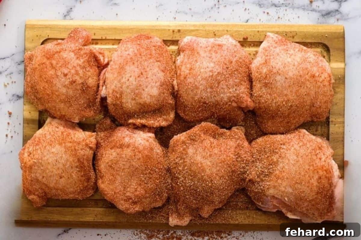 Crockpot Chicken Thighs Recipe: Seasoning Chicken thighs on a cutting board, liberally coated with dry rub seasoning.