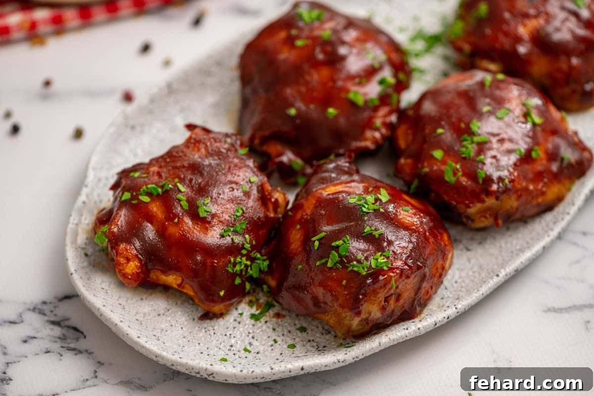 Recipe Crockpot Barbecue Chicken Thighs: Ready to Serve Close up of a serving platter filled with delicious Crockpot BBQ Chicken Thighs.