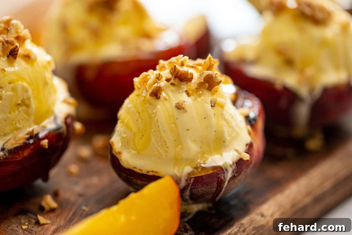 Recipe for Grilled Peaches with Ice Cream and Honey A grilled peach half topped with a scoop of vanilla ice cream, drizzled generously with honey, and sprinkled with crunchy walnuts, on a wooden cutting board, ready to be eaten.