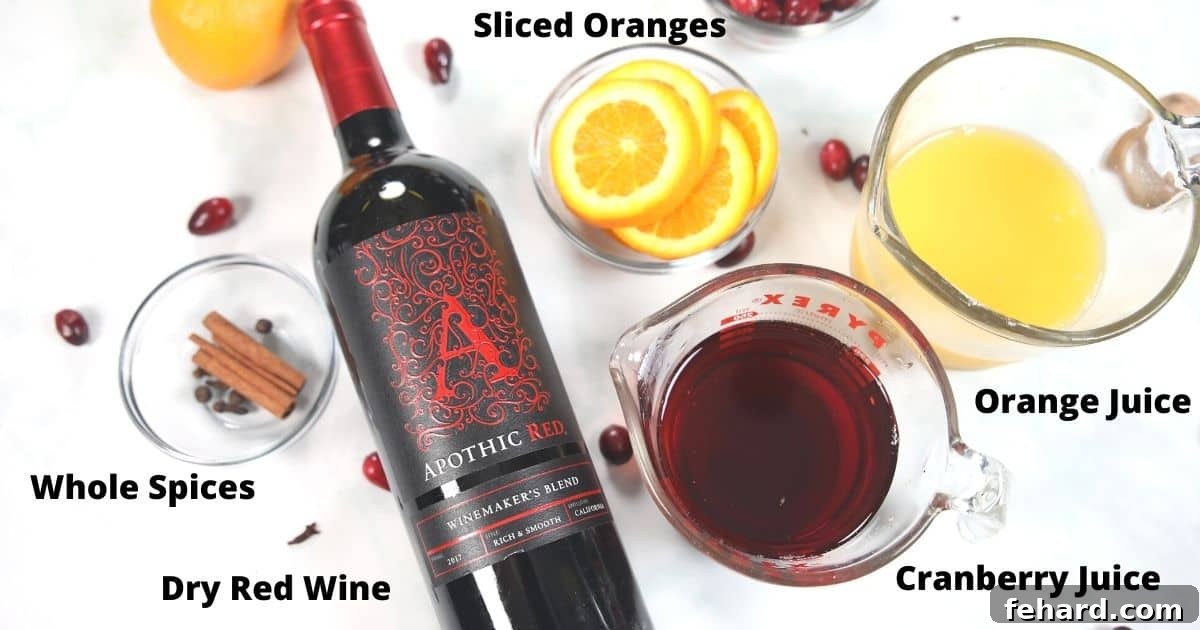 Easy Mulled Wine Recipe Ingredients Ingredients for mulled wine, neatly labeled on a white counter