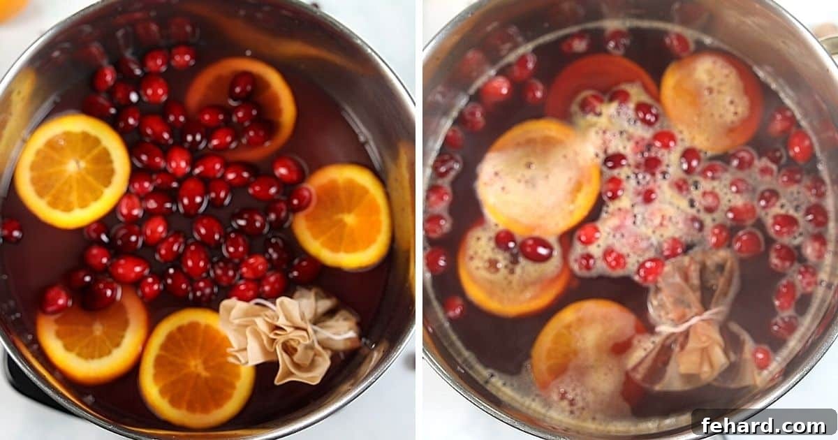 Slow Cooker Mulled Wine Preparation Ingredients for mulled wine simmering in a slow cooker