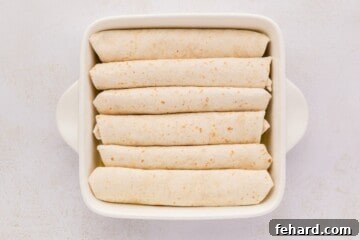 A series of neatly rolled flour tortillas, each brimming with the creamy chicken and salsa verde mixture, meticulously arranged seam-side down in a pristine white baking dish, ready for the next step.