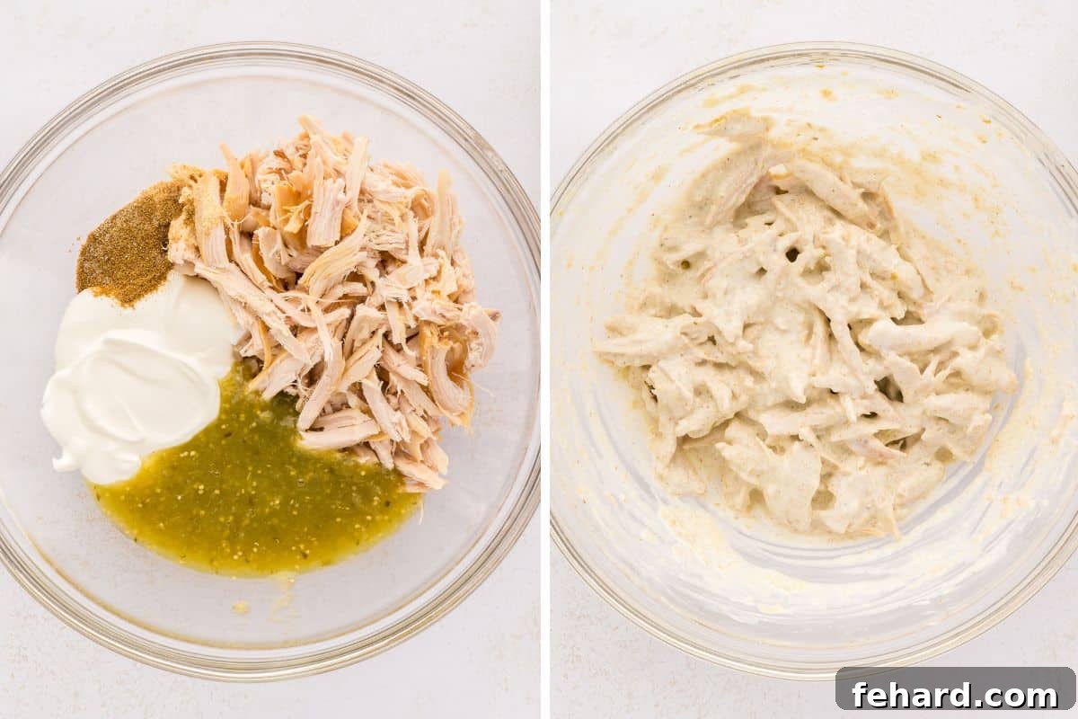 Side-by-side photos visually demonstrating the two stages of preparing the creamy chicken salsa verde enchilada filling: first, the individual ingredients in a mixing bowl, and then, after thorough combination, showcasing the smooth, well-mixed result.