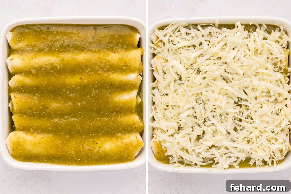A compelling side-by-side photo illustrating the transformation of rolled chicken enchiladas: first generously topped with vibrant green salsa verde, and then blanketed with a lavish layer of shredded cheese in a baking dish, anticipating the oven's warmth.