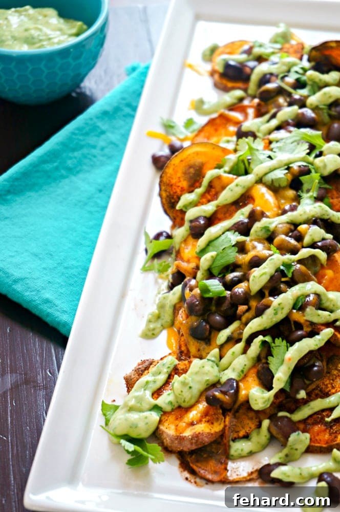 A vibrant platter of oven-baked sweet potato nachos, generously topped with black beans, golden melted cheese, and a fresh, healthy swirl of creamy avocado cilantro dressing. Ideal for a healthy snack or party appetizer.