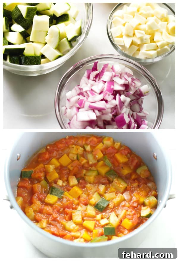 An overhead shot showcasing fresh, diced ingredients laid out in prep bowls, alongside a pan where red onions and garlic are being sautéed, illustrating the initial steps of the recipe.