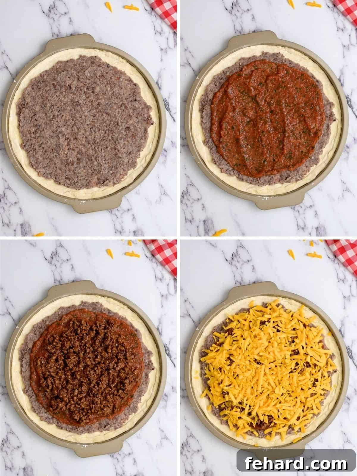 How to assemble a homemade Taco Pizza A four-panel collage illustrating the step-by-step process of assembling a taco pizza: first spreading refried beans, then adding salsa, followed by a layer of seasoned taco meat, and finally topping with shredded cheese.