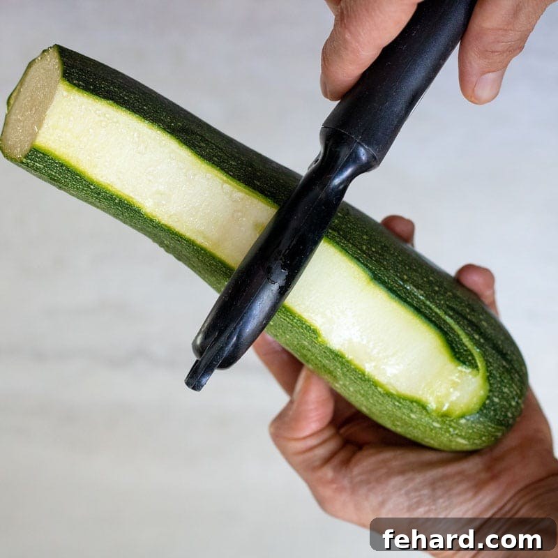 Zucchini Ribbon Recipes A hand demonstrating the use of a vegetable peeler to create long, thin ribbons of zucchini on a cutting board, preparing them for a sautéed dish.