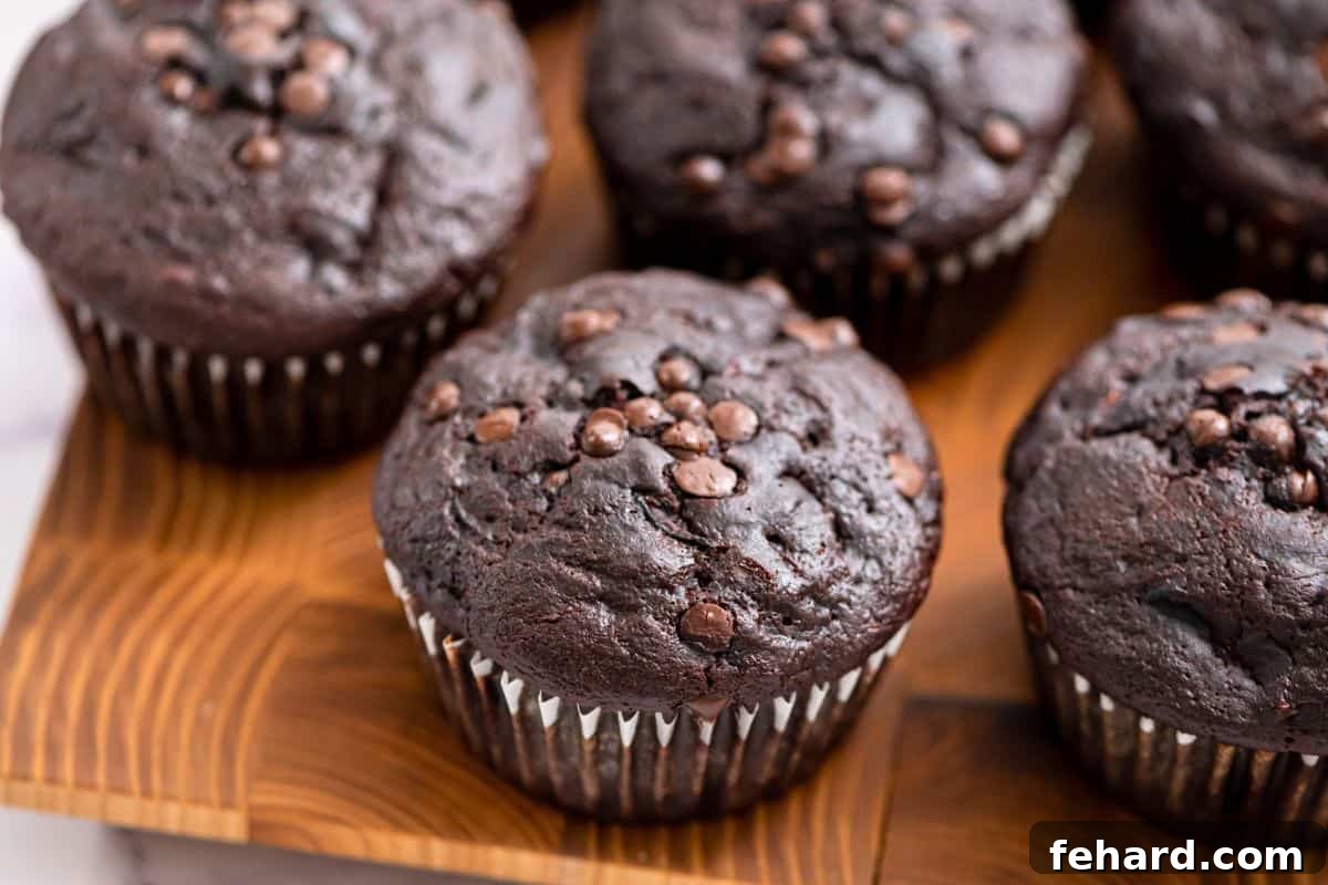 Healthy Zucchini Muffins with chocolate chips on wooden cutting board.