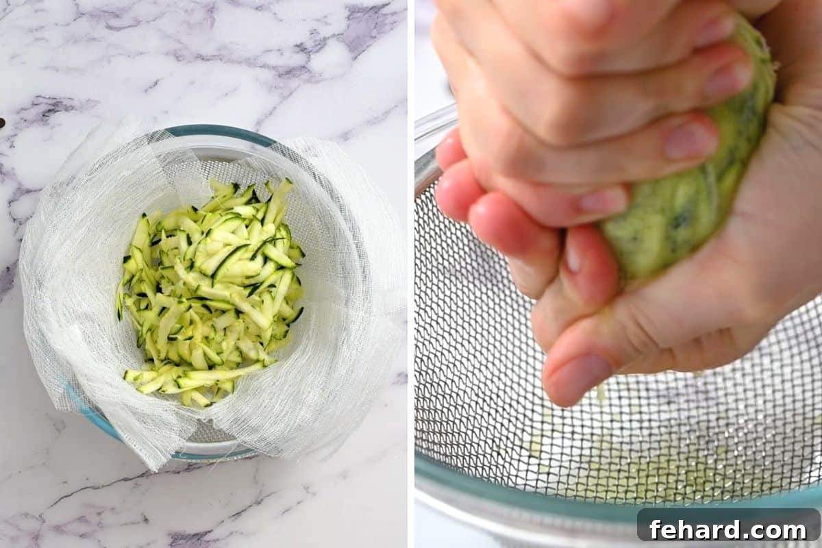 Side by side photo showing grating zucchini and squeezing out moisture.