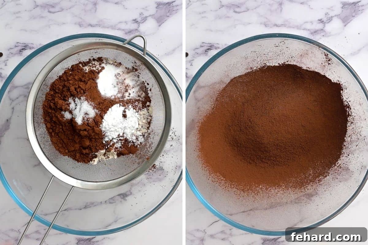 Side by side bowl showing dry ingredients before and after sifting.