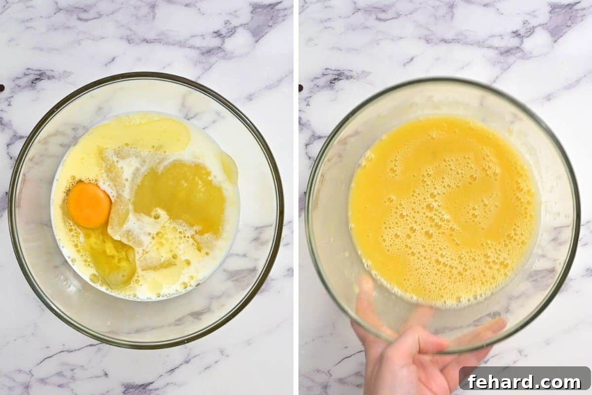 Side by side bowl before and after mixing together the wet ingredients.