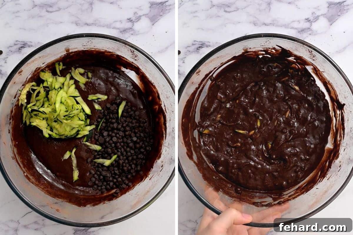 Side by side photo showing muffin batter before and after adding zucchini and chocolate chips.