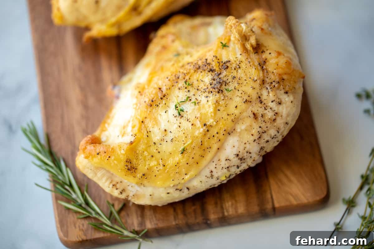 Beautifully roasted split chicken breast on a cutting board, garnished with fresh rosemary sprigs.