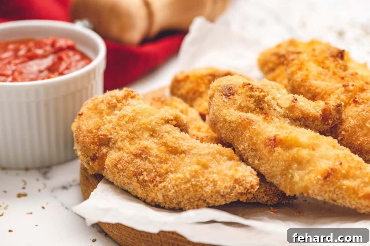 Crispy Oven Baked Chicken Fingers Golden brown crispy chicken tenders perfectly arranged on a platter next to a small bowl of vibrant red ketchup, inviting families to a delicious and easy meal.