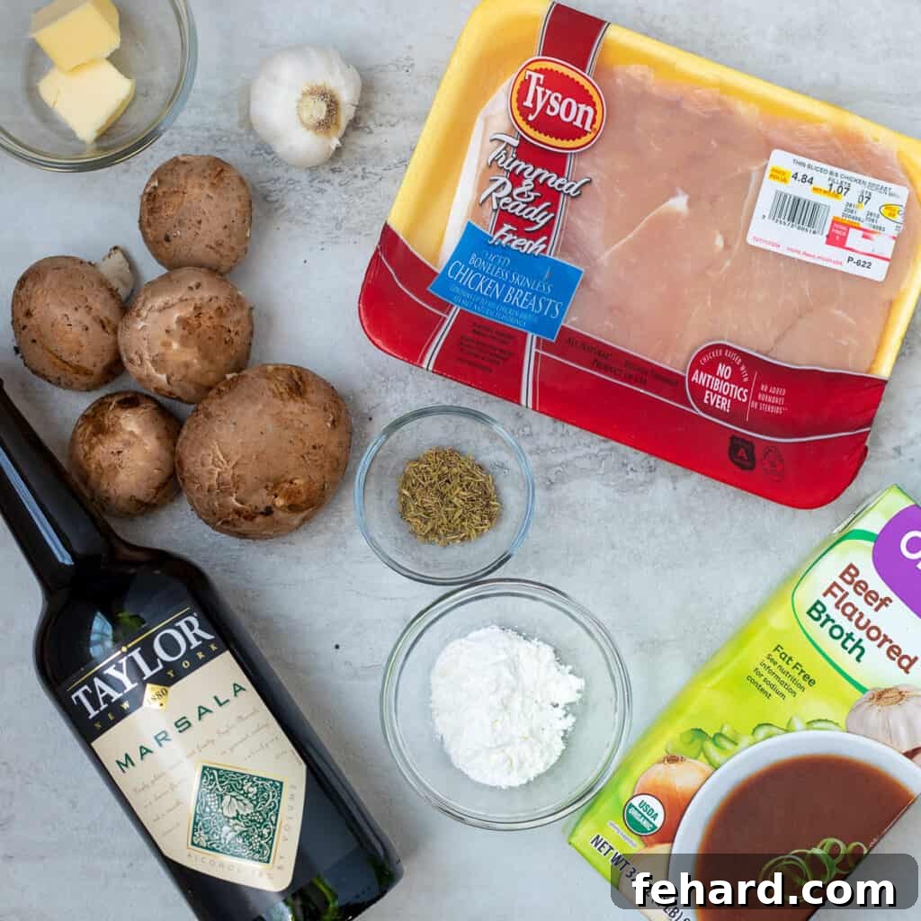 Ingredients for Instant Pot Chicken Marsala on white counter