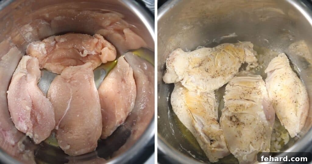 Pictures of chicken searing side by side in Instant Pot