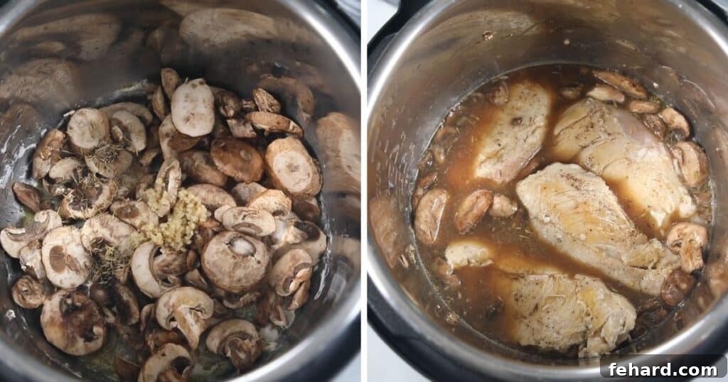 Side by side picture of chicken marsala in inner pot sautéing mushrooms