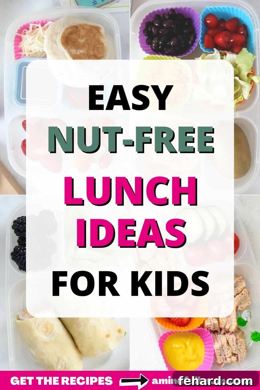 Nut-Free Lunch Recipes for Allergy Safety Collage of diverse nut-free lunches with text overlay that reads easy nut-free lunches for kids. Highlighting safety and deliciousness.