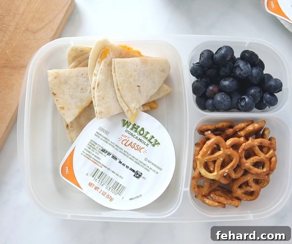 Nut-Free Lunches: Cheese Quesadilla Delight Cheese Quesadilla, guacamole, blueberries, and pretzels in a lunch container, presenting a simple and tasty nut-free option.