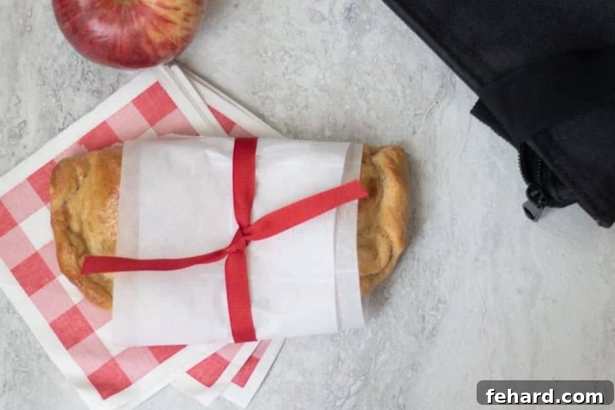 Nut-Free Lunch Recipe: Homemade Hot Pocket Ham and cheese hot pocket wrapped in a napkin with a bowl next to an apple and lunchbox.