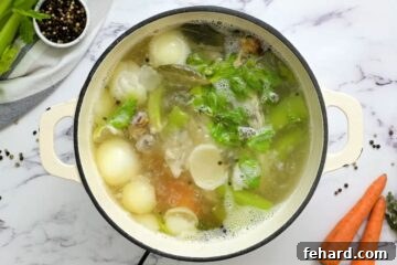 Chicken stock gently simmering in a Dutch oven pot.
