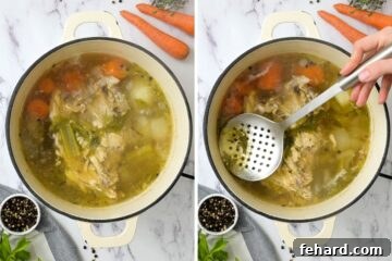 Side by side view of a stockpot with simmering chicken broth and a slotted spoon actively skimming foam from its surface.
