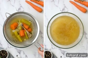 Two photos demonstrating the process of straining chicken broth through a fine-mesh strainer to separate liquids from solids.
