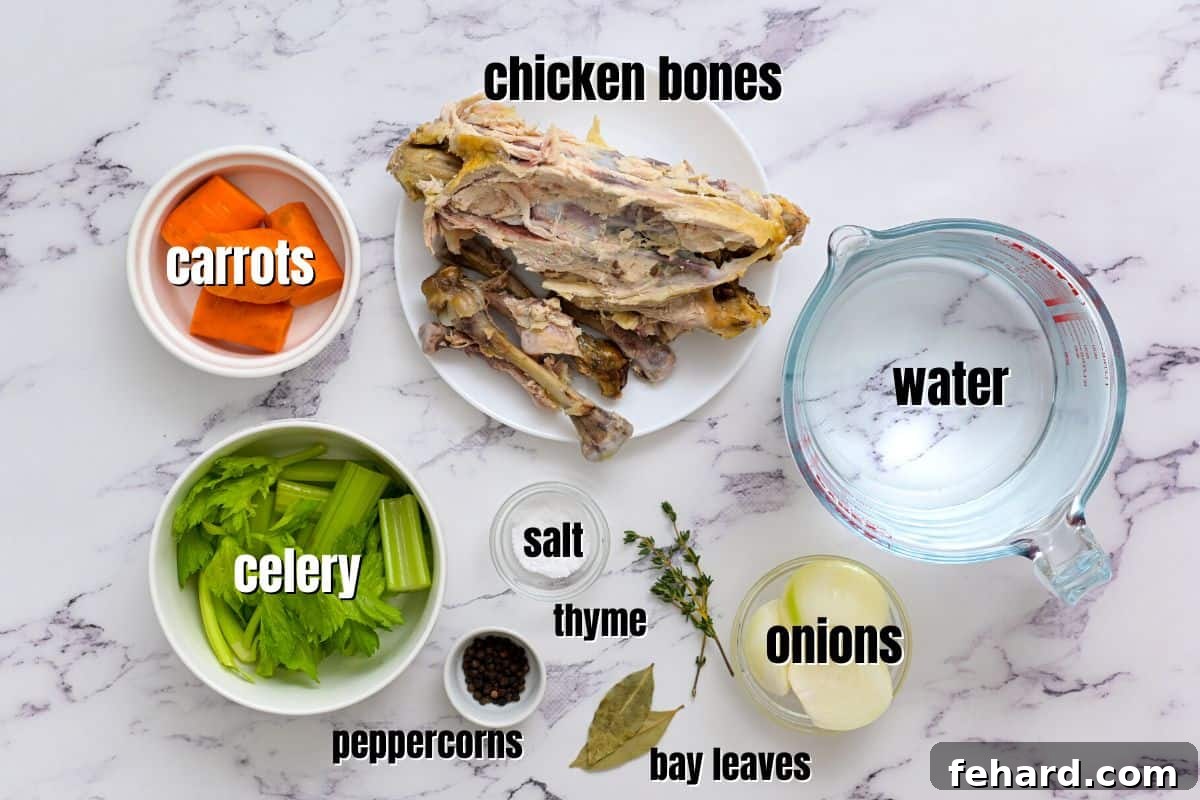 Ingredients for Chicken Stock labeled on counter, including chicken carcass, carrots, onions, celery, thyme, bay leaves, salt, and peppercorns.