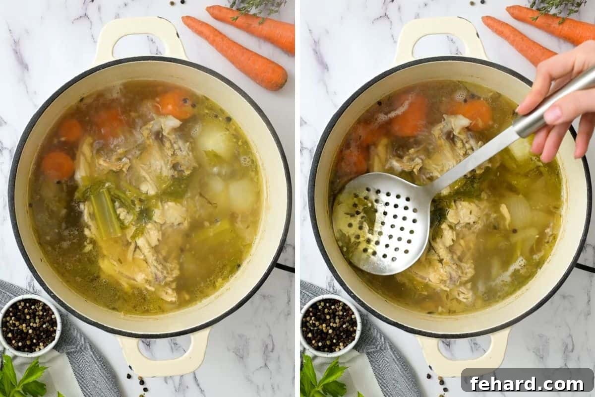 Side-by-side images showing chicken broth simmering in a stockpot and a slotted spoon being used to skim foam from the surface.