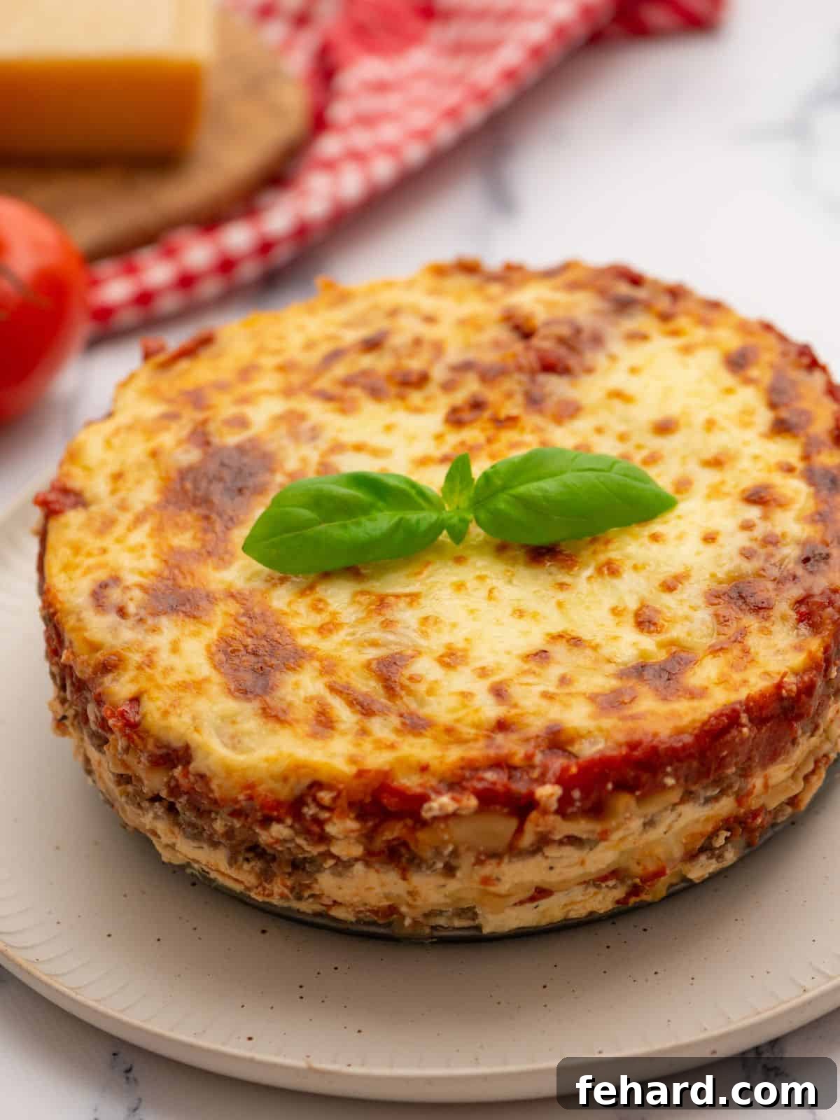A beautifully presented Instant Pot Lasagna on a platter, garnished with fresh herbs, ready to be served. The background features fresh cheese and tomatoes.