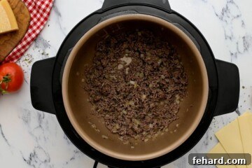 Ground beef sauteed in pressure cooker with minced onion.
